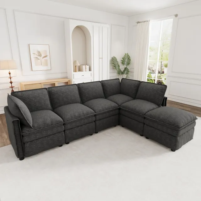 REDOM U-bank - Modulaire opstelling met verplaatsbare hocker - Dubbele zitkussens - Slaapfunctie - Chenille - Grijs - 344 x 127 x 91 cm