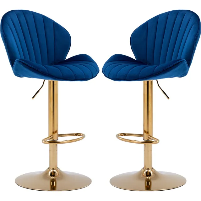 chairus Barkruk Set van 2 Barstoelen - Blauw - Velvet - Schelpvormige rugleuning - Armloze stoelen - Draaibare en in hoogte verstelbare - Met Metalen Onderstel en Voetsteun