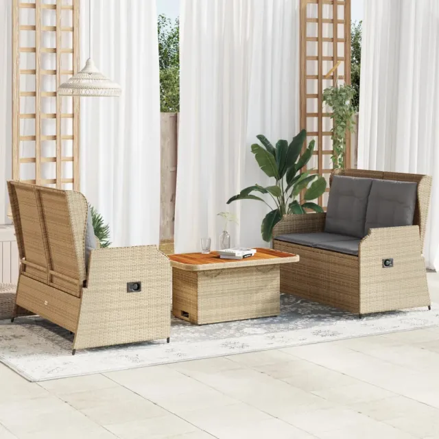 vidaXL 3-delige Loungeset met kussens poly rattan beige, foto 2