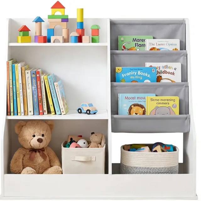 KOMFOTTEU Kinderboekenplank Tijdschriftenrek - met 3 stoffen vakken, 2 compartimenten en 2 planken - houten kinderplank - opbergplank - 89x35,5x80cm Wit