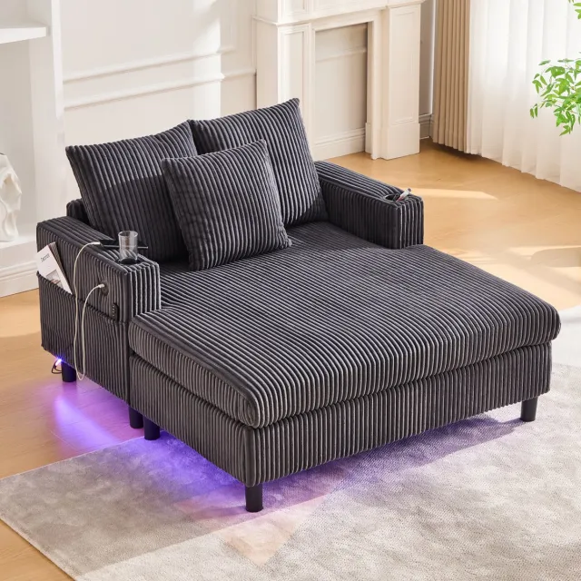 COVREO Fauteuil 142 x 128 x 85 cm - donkergrijs corduroy, met USB, bekerhouder en LED-verlichting