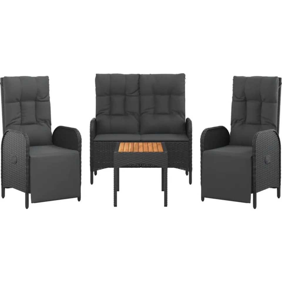 vidaXL 4-delige Tuinset met kussens poly rattan zwart