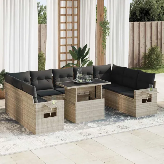 vidaXL 10-delige Loungeset met kussens poly rattan lichtgrijs grijs, foto 2