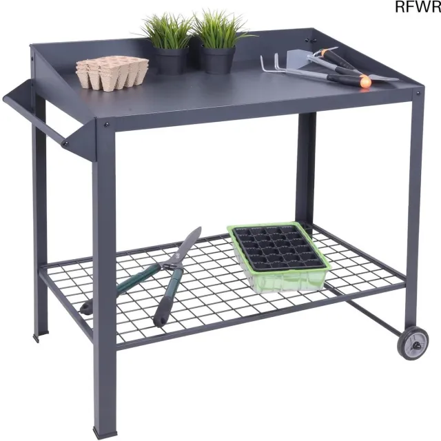 RFWR Metalen tuintafel op wielen met roosterplank - 90 x 55 cm zilver
