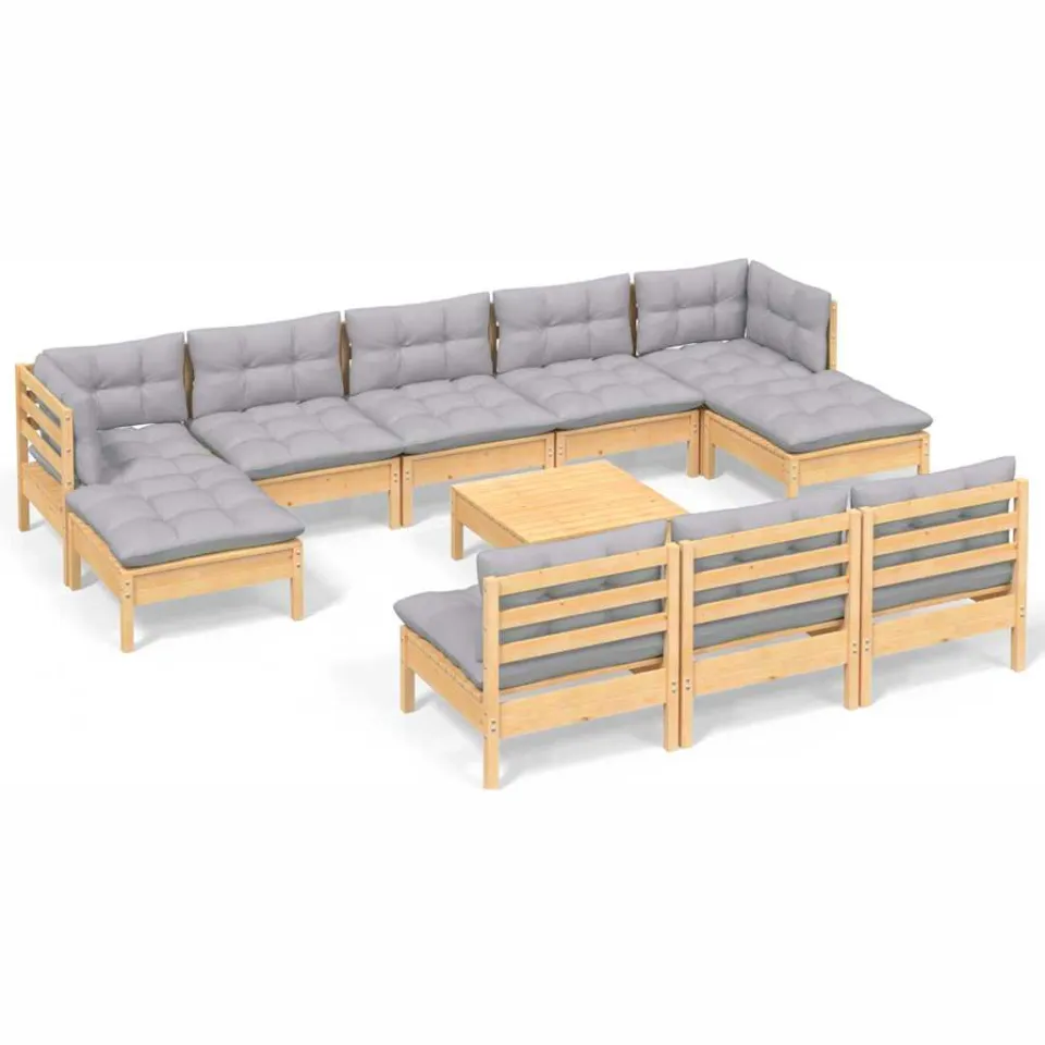 vidaXL 11-delige Loungeset met grijze kussens grenenhout Grijs