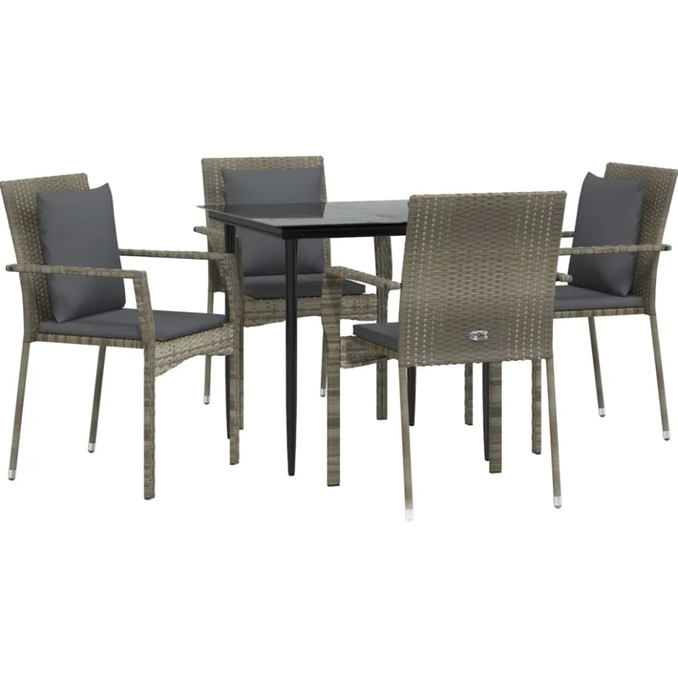 vidaXL 5-delige Tuinset met kussens poly rattan zwart en grijs