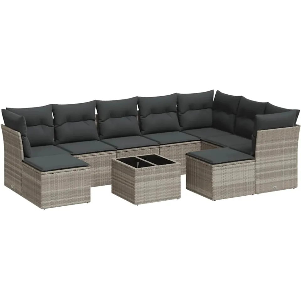 vidaXL 10-delige Loungeset met kussens poly rattan lichtgrijs grijs, foto 3