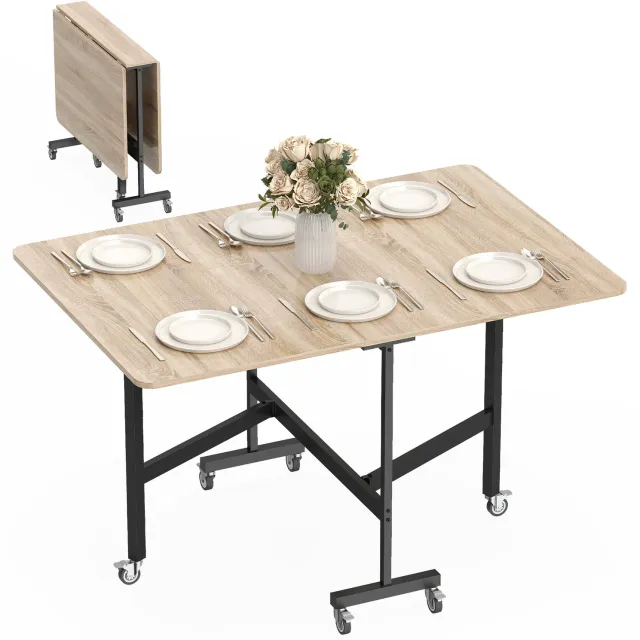 Homcom Klapbare Eettafel met Wielen - Inklapbare Keukentafel - Ruimtebesparende Tafel - Eiken