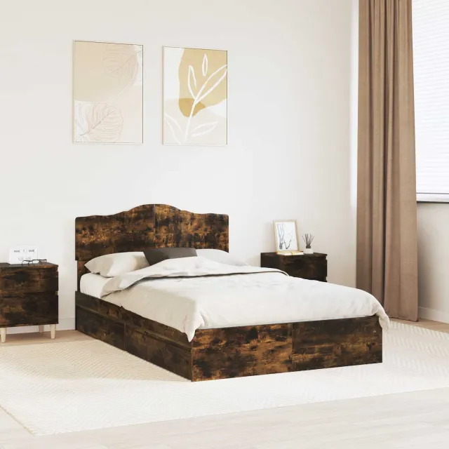 vidaXL Opslag bed met lade Gerookt eiken 135 x 190 cm Bewerkt hout Bruin