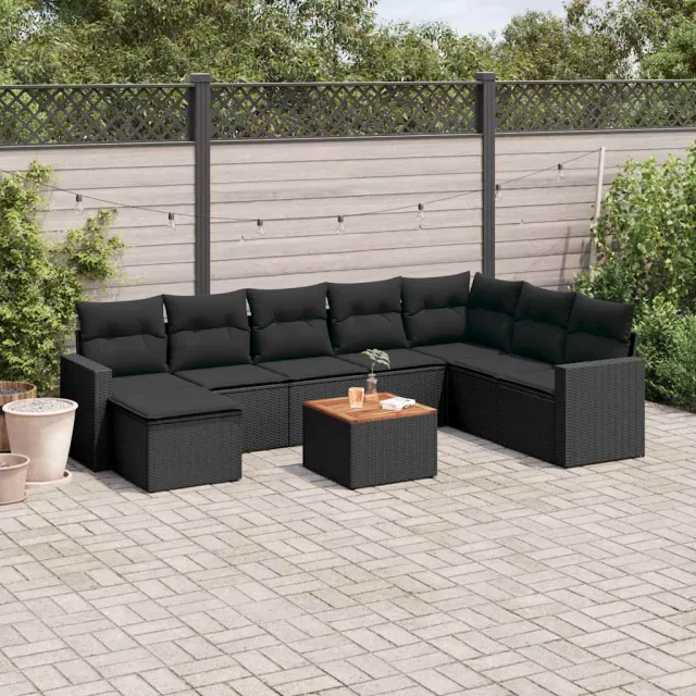 vidaXL 9-delige Loungeset met kussens poly rattan zwart, foto 2