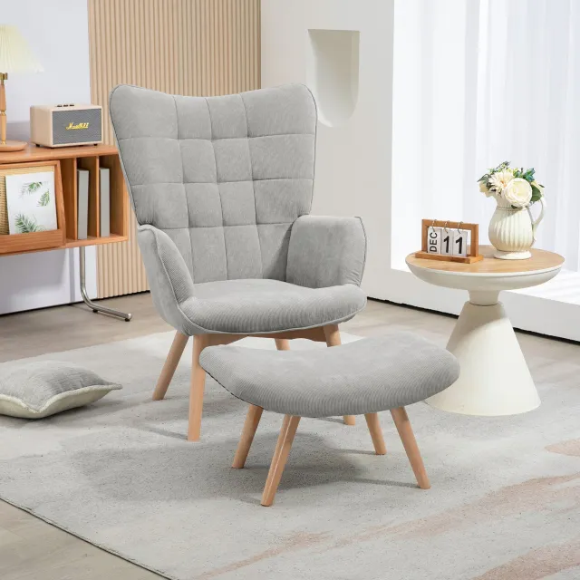 MODENUIT Fauteuil Met Hocker 80 x 72 x 101 cm - Met Armleuningen En Houten Poten - Woonkamer - Grijs