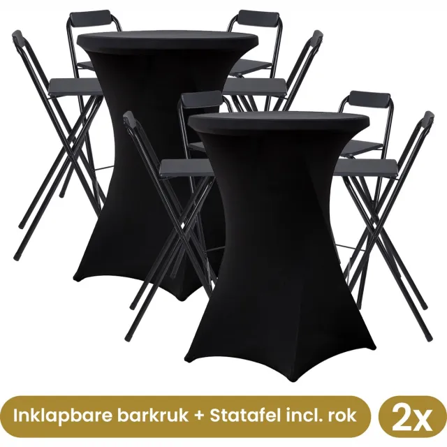 Alora 8x Alora Inklapbare barkruk + 2x Alora Statafel Zwart incl. zwarte rok - Opklapbaar - Met voetsteun - Cocktailtafel - Met statafelrok zwart - Alora - Zwart - Beurs 2x inclusief statafelrok