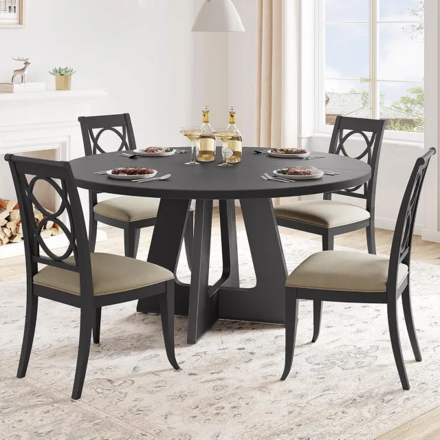 Danky Ronde Eettafel Ø 120 cm - Houten Keukentafel voor 4 tot 6 Personen - Robuuste Landelijke Eettafel (Farmhouse) - Stevige Houten Poten - Exclusief Stoelen Zwart