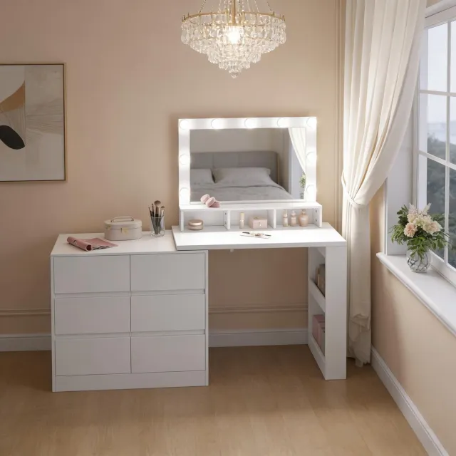 DESMIU Kaptafel - Verstelbare Led-Spiegel - 160 X 40 X 134,5 Cm - Spaanplaat En Glas - Wit - Met 6 Lades En L-Vormige Opstelling