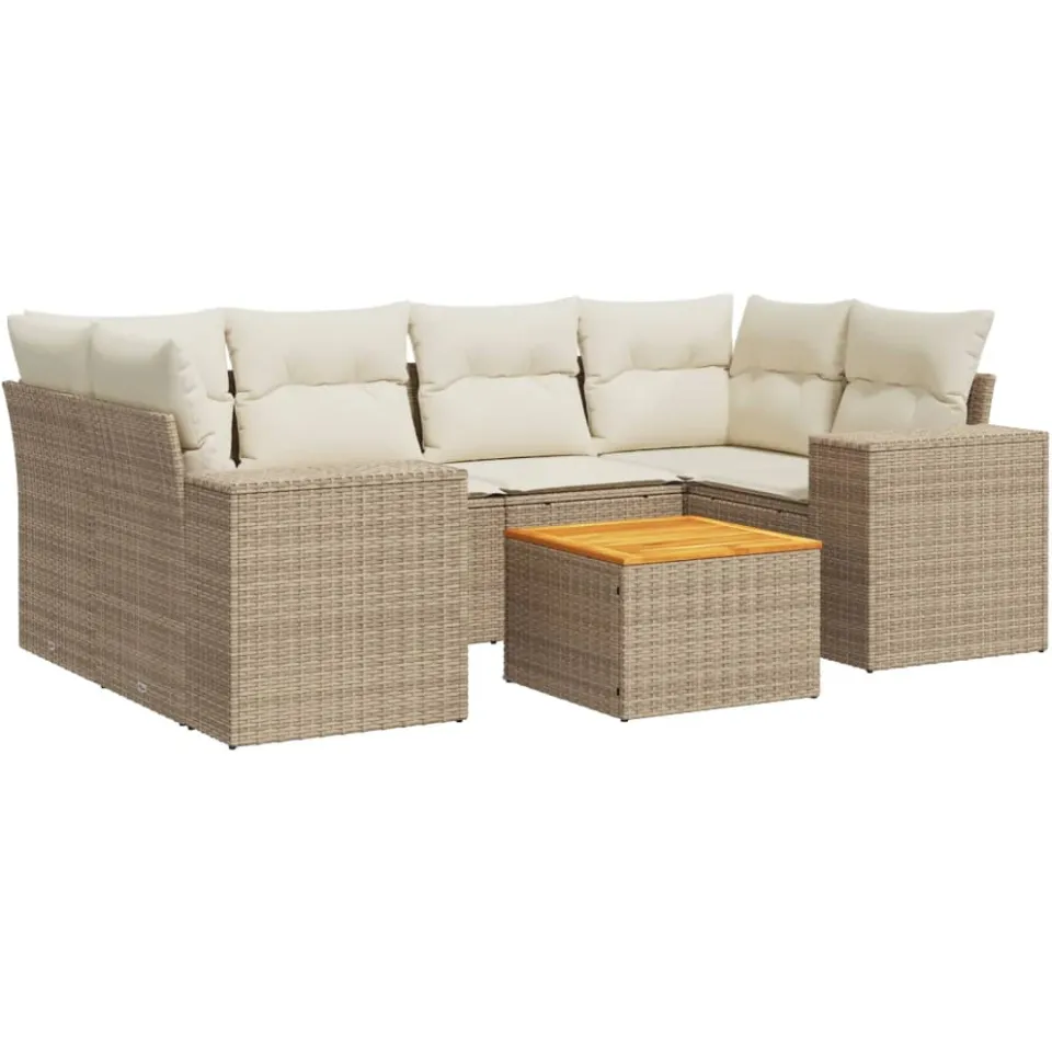 vidaXL 7-delige Loungeset met kussens poly rattan beige, foto 3