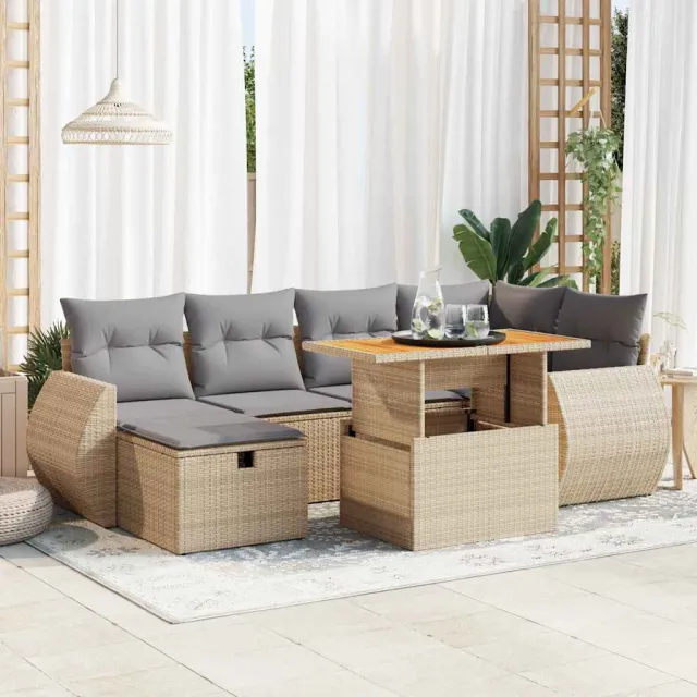 vidaXL 7-delige Loungeset met kussens poly rattan beige, foto 2