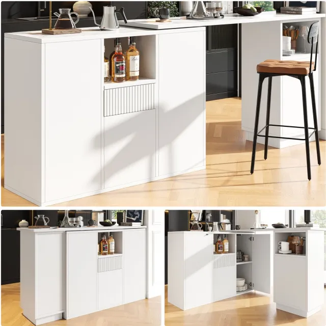 Merax 360° Draaibare Bartafel (210x30x101 cm) - Wit Design met Marmer Werkblad & Open Opbergruimte - Multifunctioneel Keuken Eiland