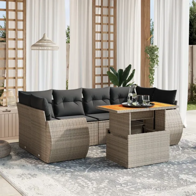 vidaXL 7-delige Loungeset met kussens poly rattan grijs, foto 2
