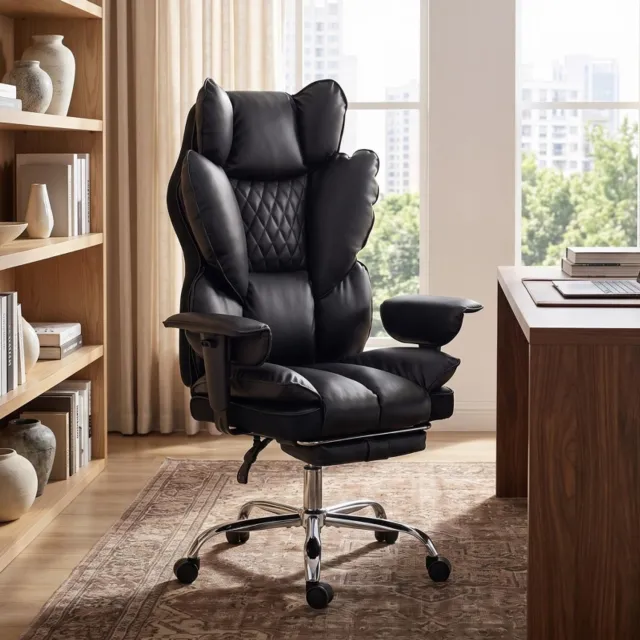 OKWISH Bureaustoel 80 x 67 x 122-130 cm - Tot 180 kg, met Voetensteun - Voor Kantoor en Thuiswerkplek - Kunstleer - Zwart