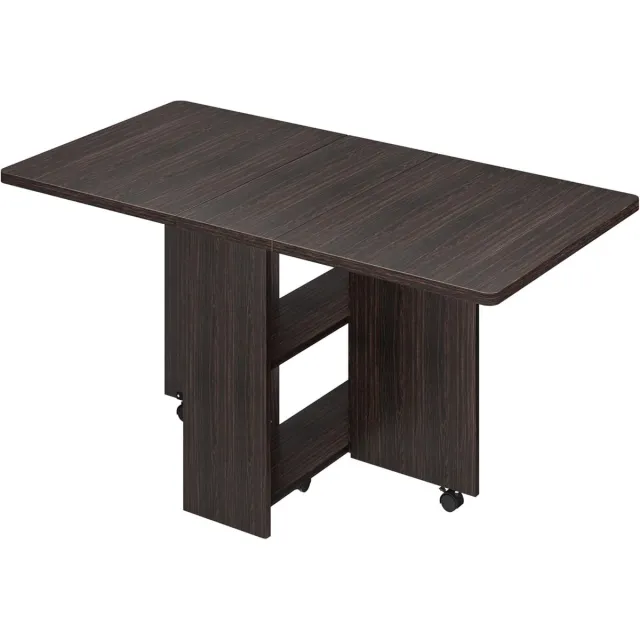 HOERFURIY Verrijdbare Inklapbare Eettafel - Ruimtebesparende Keukentafel met Klapbladen en 2 Opbergplanken - 6 Wielen met Rem - Donker Walnoot - 127x80x75 cm