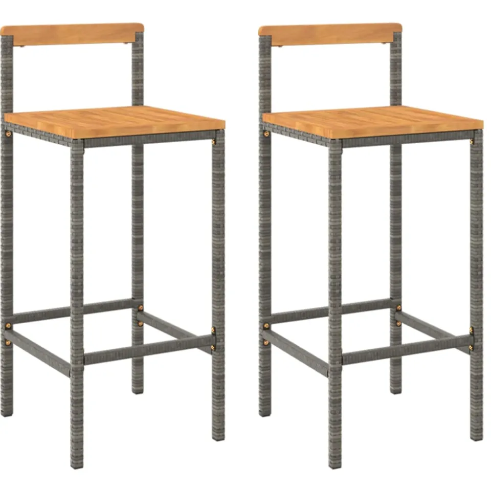 vidaXL Barkrukken 2 st poly rattan en massief acaciahout grijs, foto 3