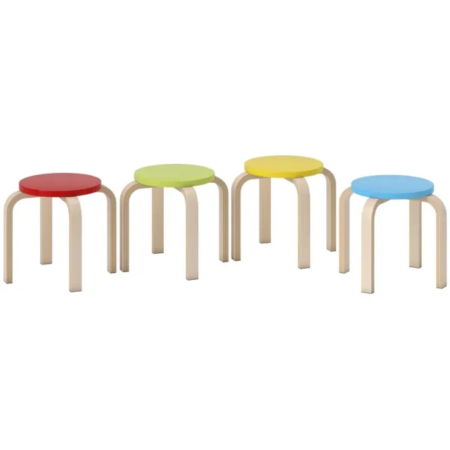 ZYLARO Barkruk - Set Van 4 - Stapelkrukjes - Vilten Voetzolen - Berkenmultiplex - Geverfd - Kleurrijk Blauw+Geel+Rood+Groen