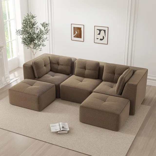 KOMHTOM BLACKCOLORS Modulaire hoekbank zonder frame in U-vorm, sectionele bank met chaise longue, geschikt voor de woonkamer, 3-zits bank met touwbekleding en diepe zitting, geen montage nodig, bruin