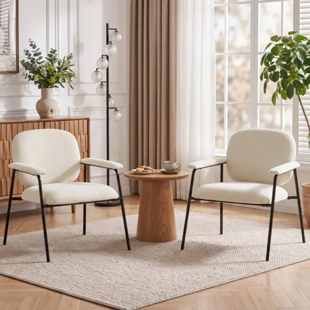 HAUSS SPOLE Fauteuils - Set van 2 - Zachte Chenille Bekleding en Gestoffeerde Armleuningen - Voor Woonkamer en Slaapkamer - Crèmewit
