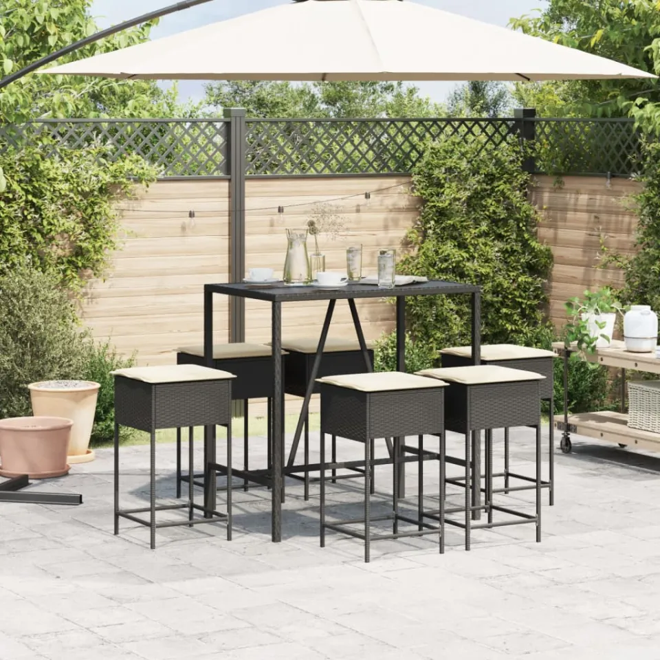 vidaXL 7-delige Tuinbarset met kussens poly rattan zwart, foto 3