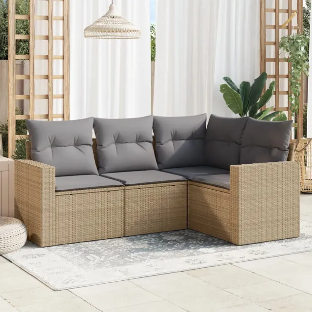 vidaXL 4-delige Loungeset met kussens poly rattan beige, foto 2