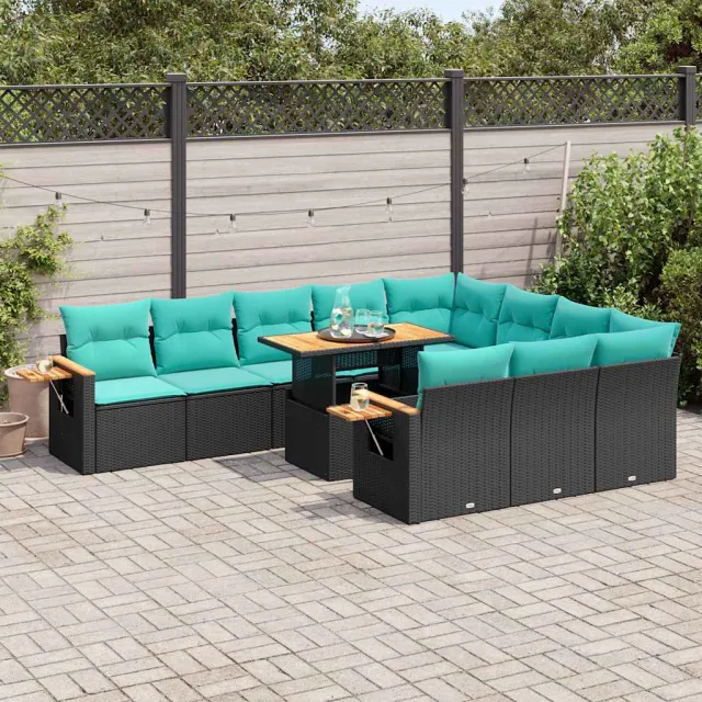 vidaXL 11-delige Loungeset met kussens poly rattan acacia zwart, foto 2