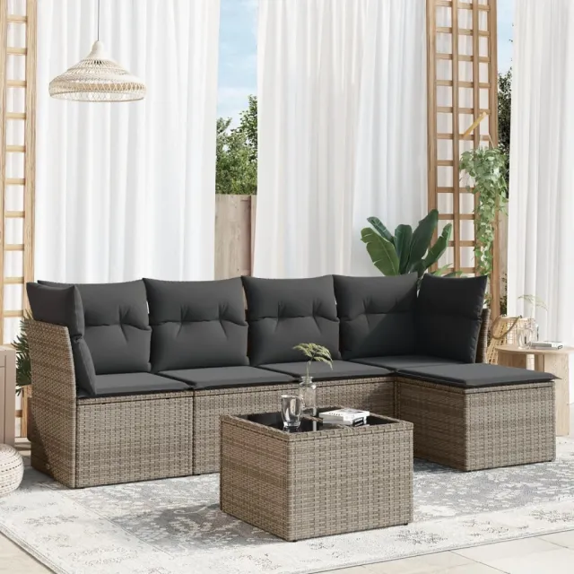 vidaXL 6-delige Loungeset met kussens poly rattan grijs, foto 2
