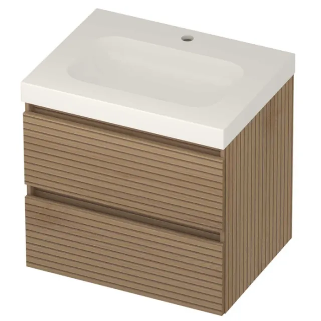 Basic-Line Moby 46 Badmeubelset Polystone 1 Kraangat Greeploos 60x46x58 cm Lamello Oak Glans Wit