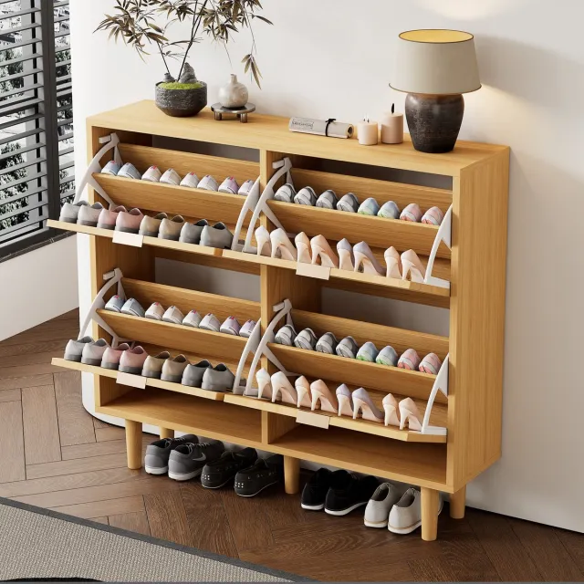 HAUSS SPOLE Schoenenkast - Rotan Front Met 4 Kleplades - Smal Model Voor Hal En Slaapkamer - Spaanplaat - Licht Eiken - 100x25x90 Cm Beige