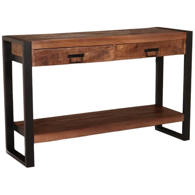 Lizzely Garden & Living Bijzettafel mangohout Vera 120cm met 2 lades industrieel duurzaam massief hout side table Bruin