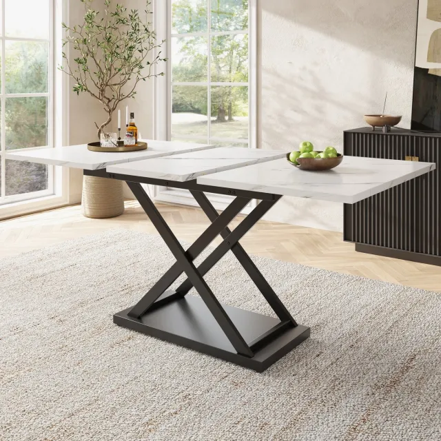 MIVRAY Eettafel - Uitschuifbaar Tafelblad Voor 6 Tot 8 Personen - Voor Keuken En Woonkamer - MDF En Metaal - Wit Zwart