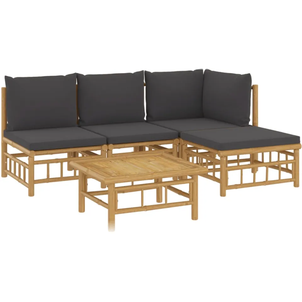 vidaXL 5-delige Loungeset met kussens bamboe donkergrijs Bruin