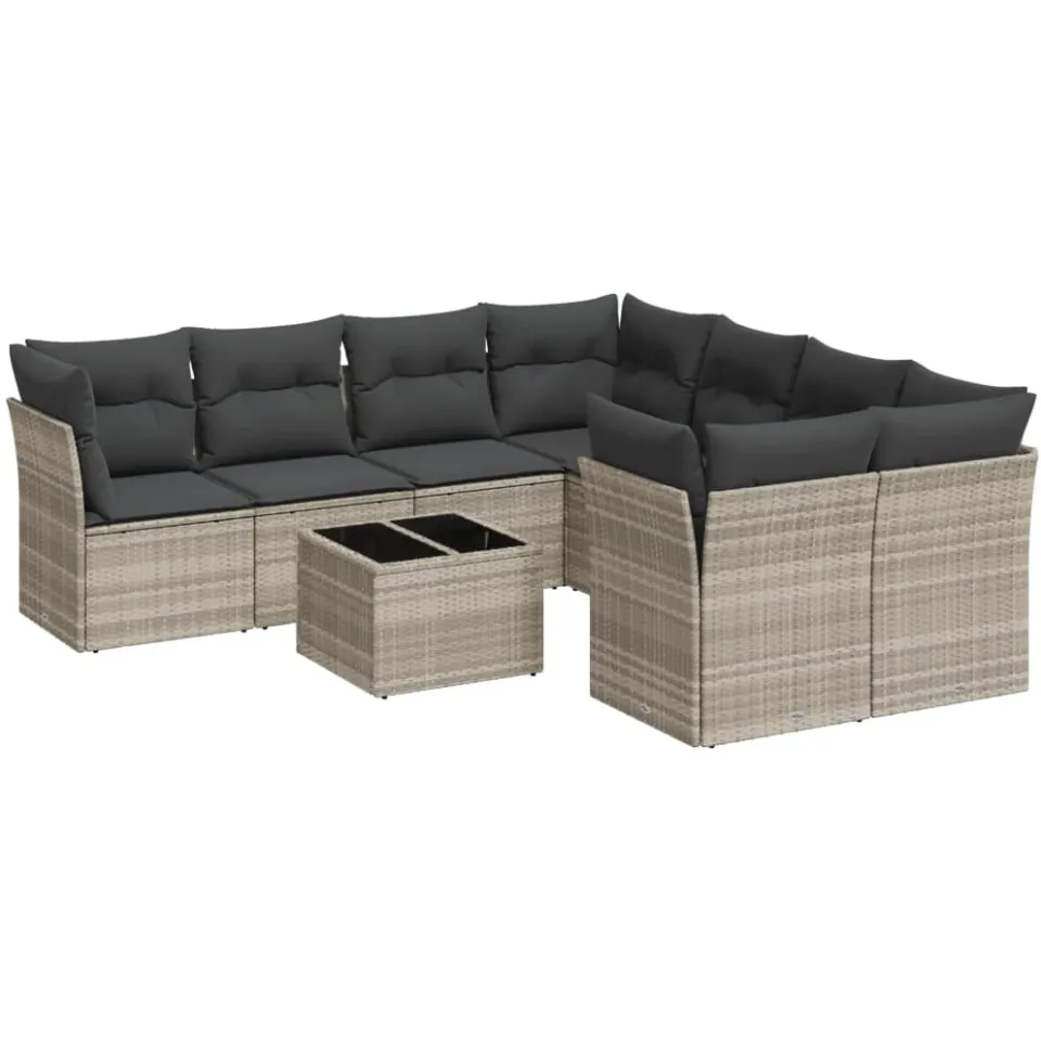vidaXL 9-delige Loungeset met kussens poly rattan lichtgrijs grijs