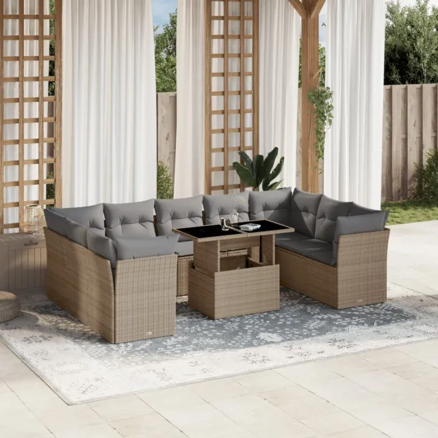 vidaXL 10-delige Loungeset met kussens poly rattan beige, foto 2