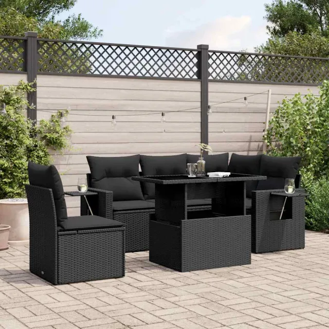 vidaXL 6-delige Loungeset met kussens poly rattan zwart, foto 2