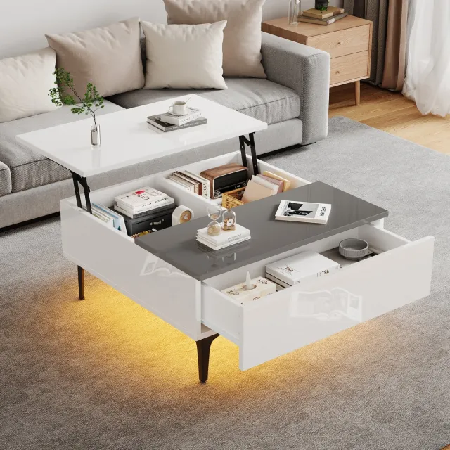 MEUNIQ Salontafel 70 x 70 x 35 cm met hydraulisch in hoogte verstelbaar blad, verborgen opbergruimte, lade en RGB-ledverlichting, wit en grijs
