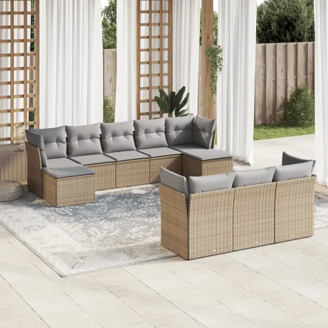 vidaXL 10-delige Loungeset met kussens poly rattan beige, foto 2