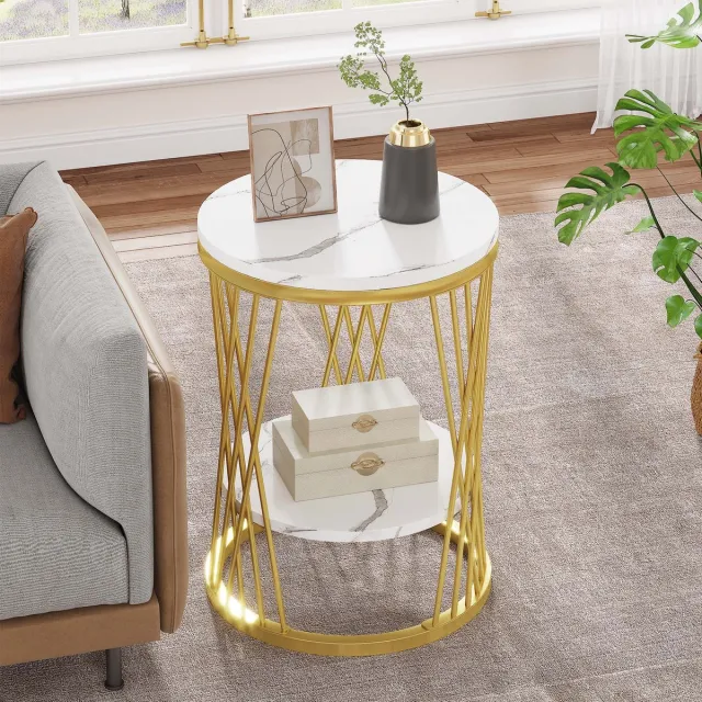 Pugsdrly Ronde bijzettafel, moderne bijzettafel in wit en goud met planken, nachtkastje met 2 niveaus, elegante salontafel voor bank, woonkamer, slaapkamer, woonkamer (1, wit en goud)