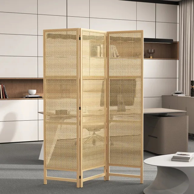 FloraGrace Kamerscherm Opvouwbaar – 135 x 180 cm – Hout En Kunststof – Naturel – 3-Delige Ruimteverdeler Met Geweven Panelen Natuurlijk hout