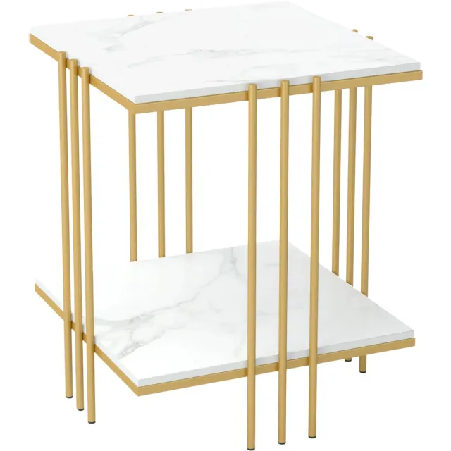 Bolt Edge Decoratieve kunst salontafel - Voor woonkamer en zitkamer - Grote dubbele laag marmeren top met opslagruimte - Gouden palen en metalen poten Wit