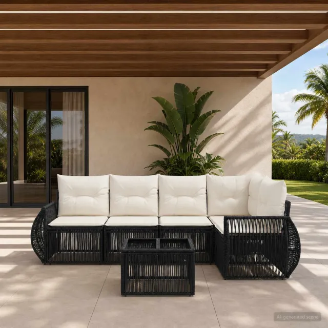vidaXL Tuinbankenset 6 st Zwart en Cream Wit poly rattan, foto 2