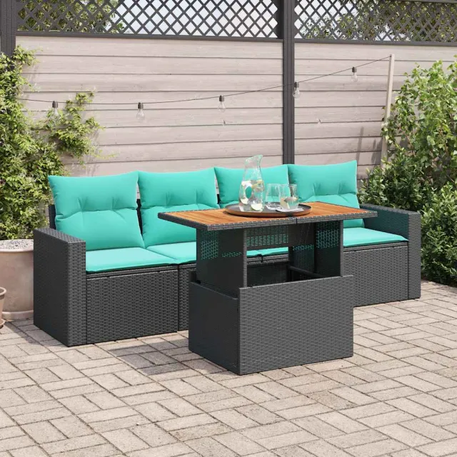 vidaXL 5-delige Loungeset met kussens poly rattan zwart, foto 2