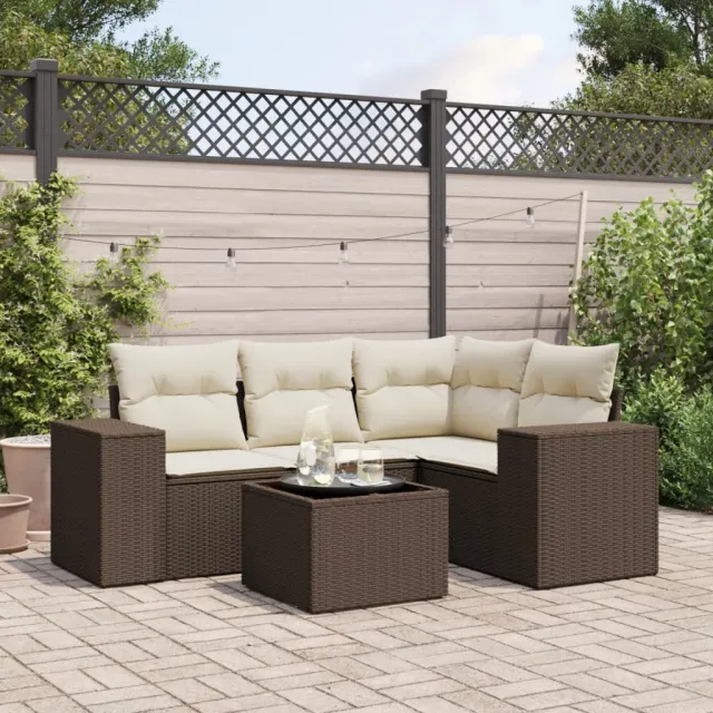 vidaXL 5-delige Loungeset met kussens poly rattan bruin, foto 2