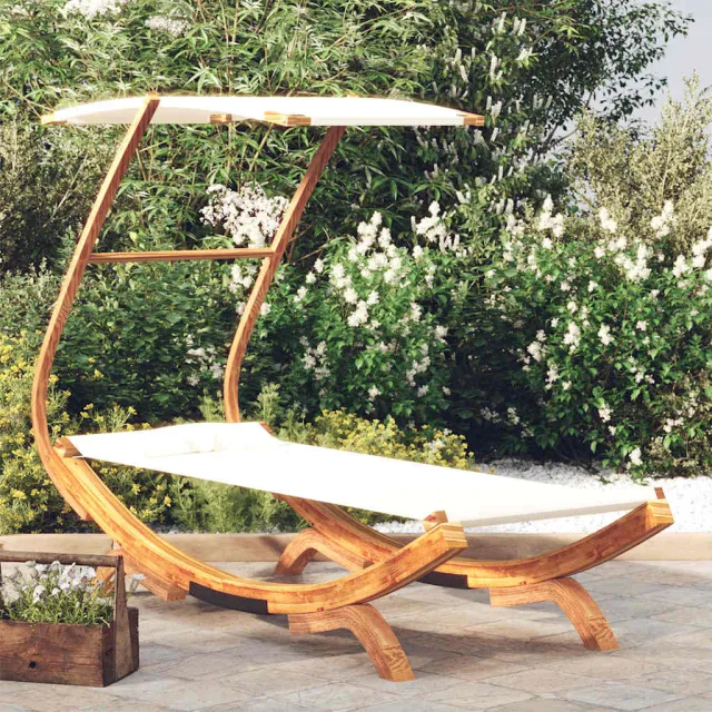 vidaXL Loungebed met luifel 100x190x134 cm massief gebogen hout crème, foto 2
