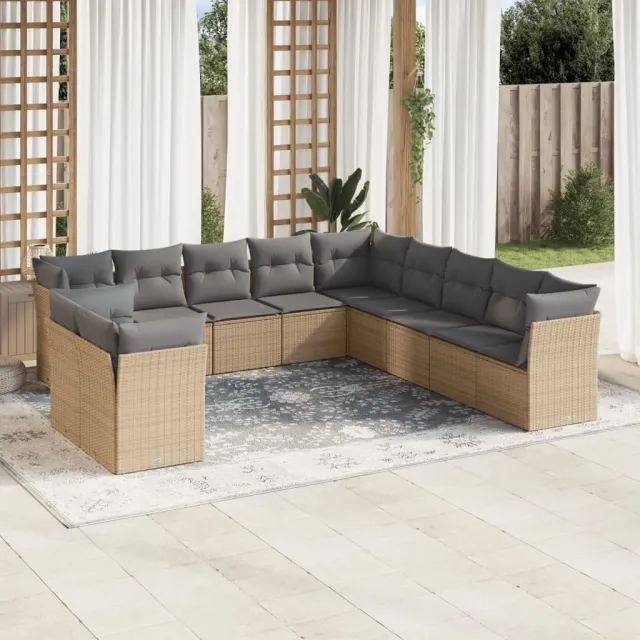 vidaXL 11-delige Tuinset met kussens poly rattan beige, foto 2